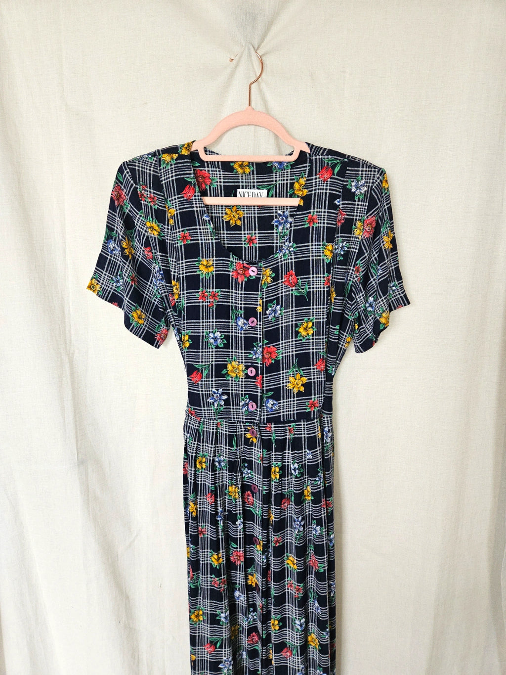 Cressida - donkerblauwe geruite vintage jurk, viscose | L