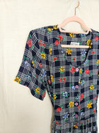 Cressida - donkerblauwe geruite vintage jurk, viscose | L