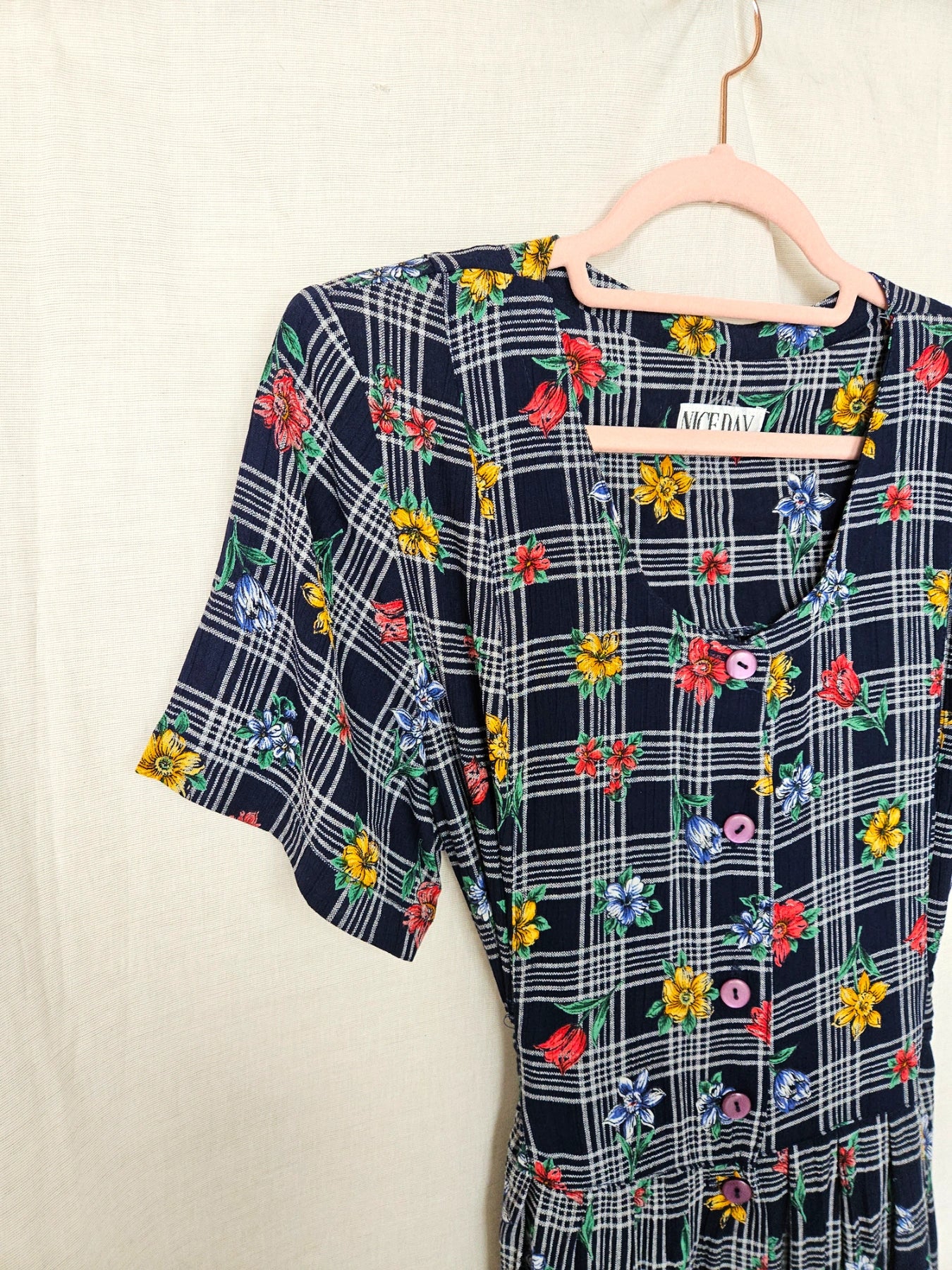 Cressida - donkerblauwe geruite vintage jurk, viscose | L