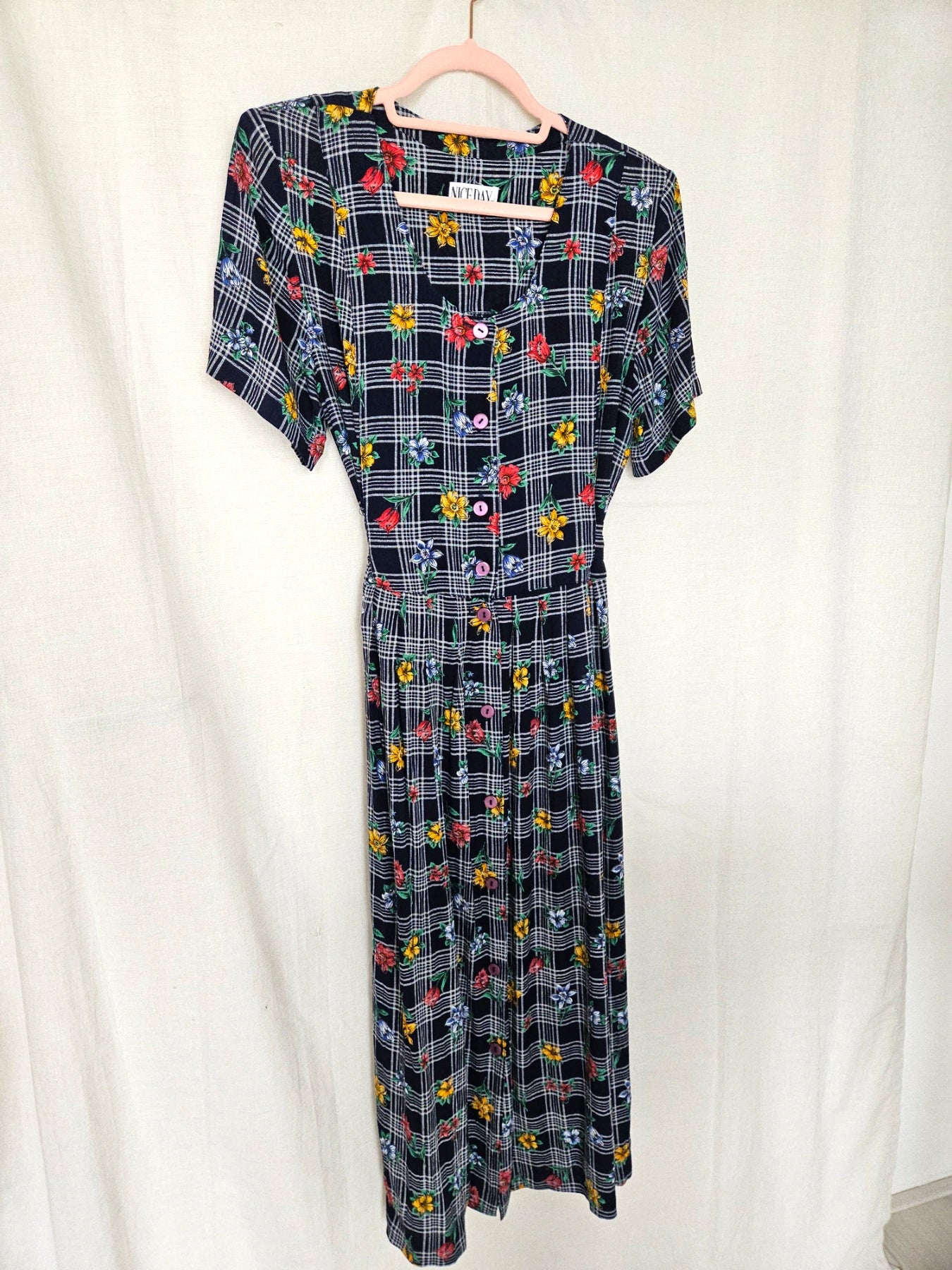 Cressida - donkerblauwe geruite vintage jurk, viscose | L