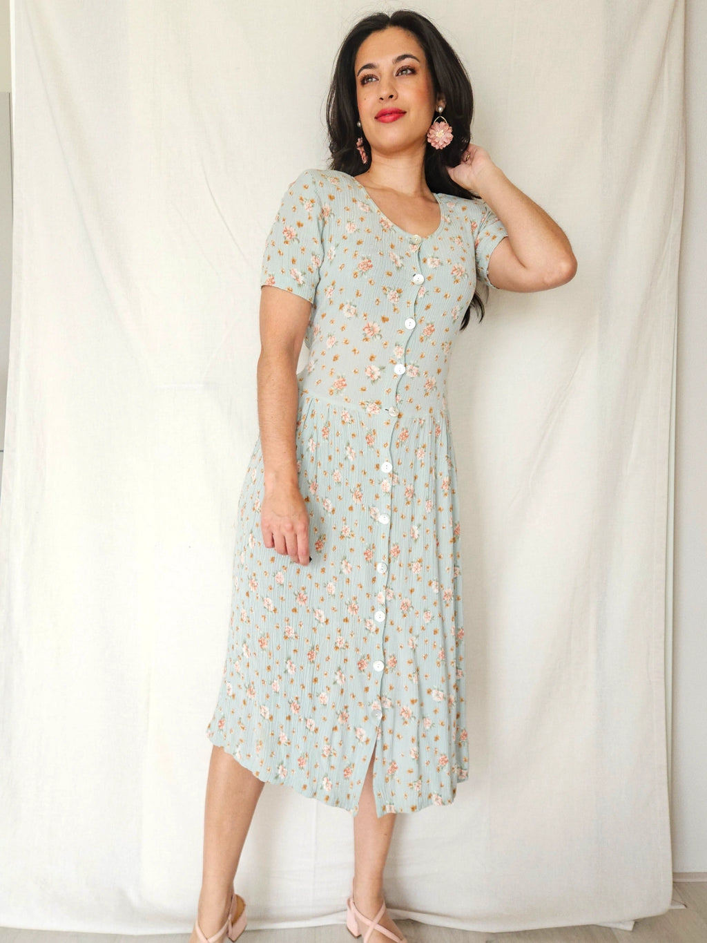 Alba - mintgroene midi vintage jurk, viscose | S/M