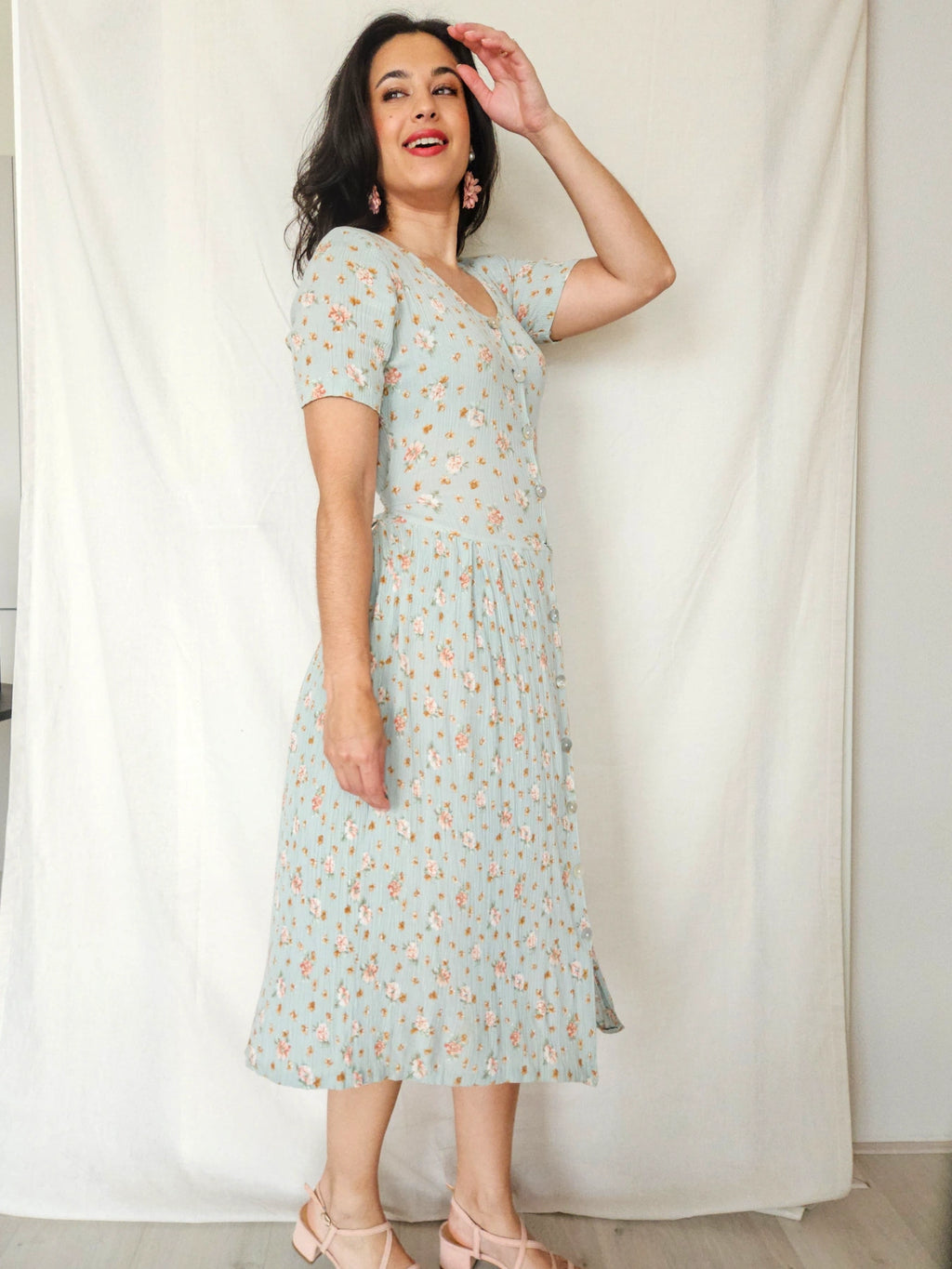 Alba - mintgroene midi vintage jurk, viscose | S/M