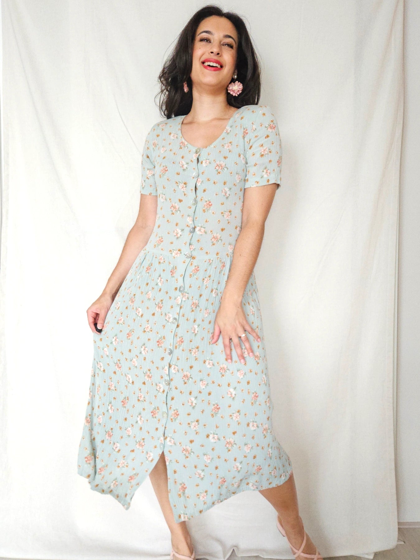 Alba - mintgroene midi vintage jurk, viscose | S/M