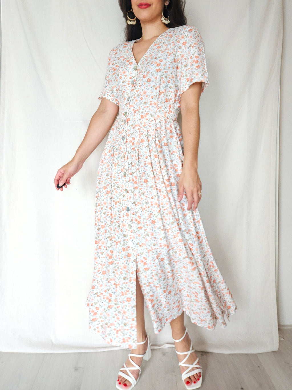 Lune - lange witte vintage jurk, viscose | L