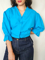 Yara - blauwe vintage blouse met ruffles, katoen | XXL