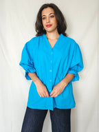 Yara - blauwe vintage blouse met ruffles, katoen | XXL