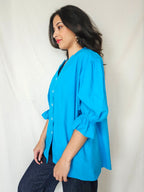 Yara - blauwe vintage blouse met ruffles, katoen | XXL