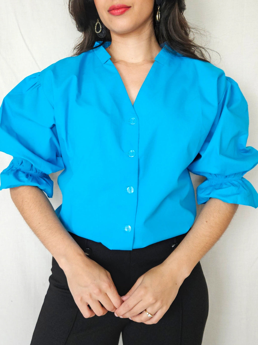 Yara - blauwe vintage blouse met ruffles, katoen | XXL