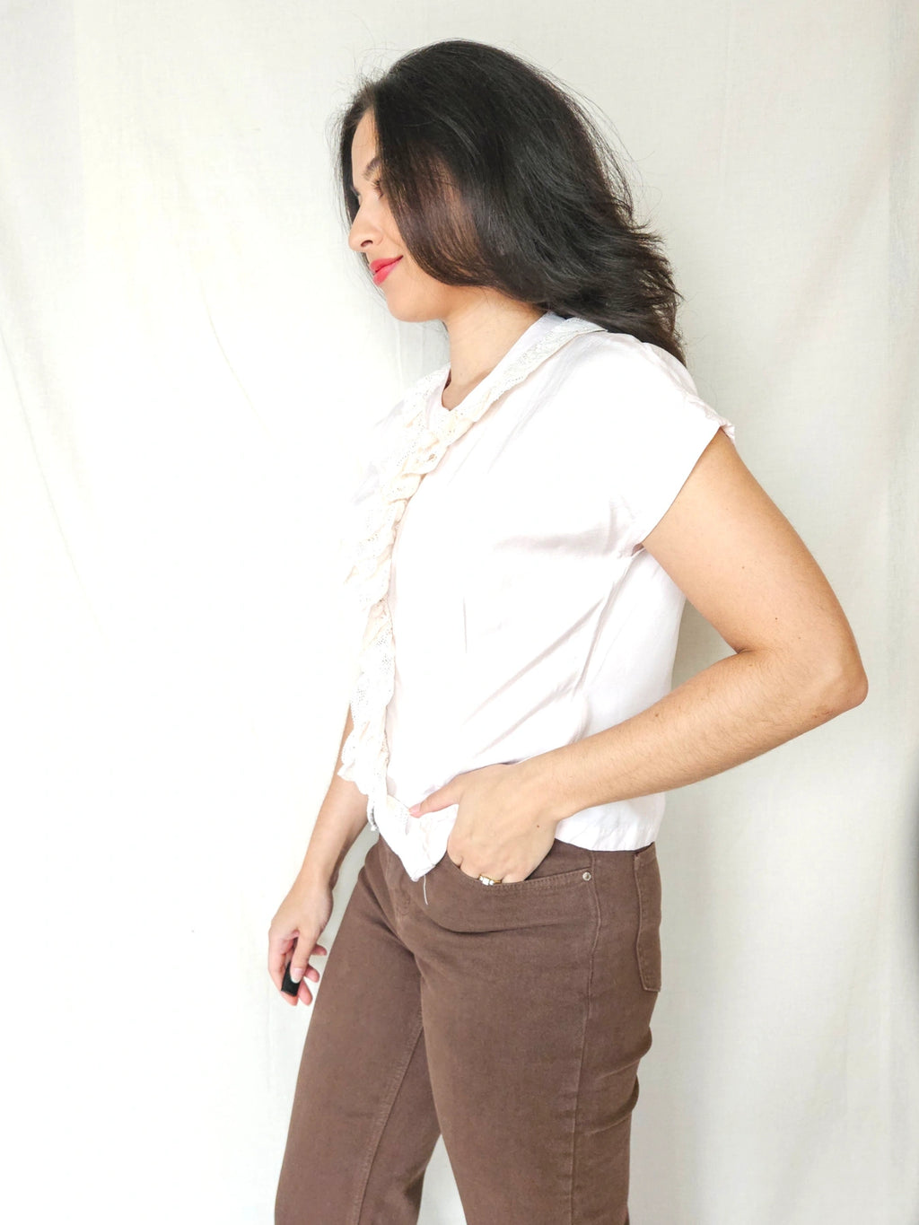 Dione - lichtroze vintage top met kant | M (kopie)