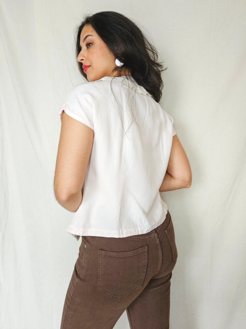 Dione - lichtroze vintage top met kant | M (kopie)