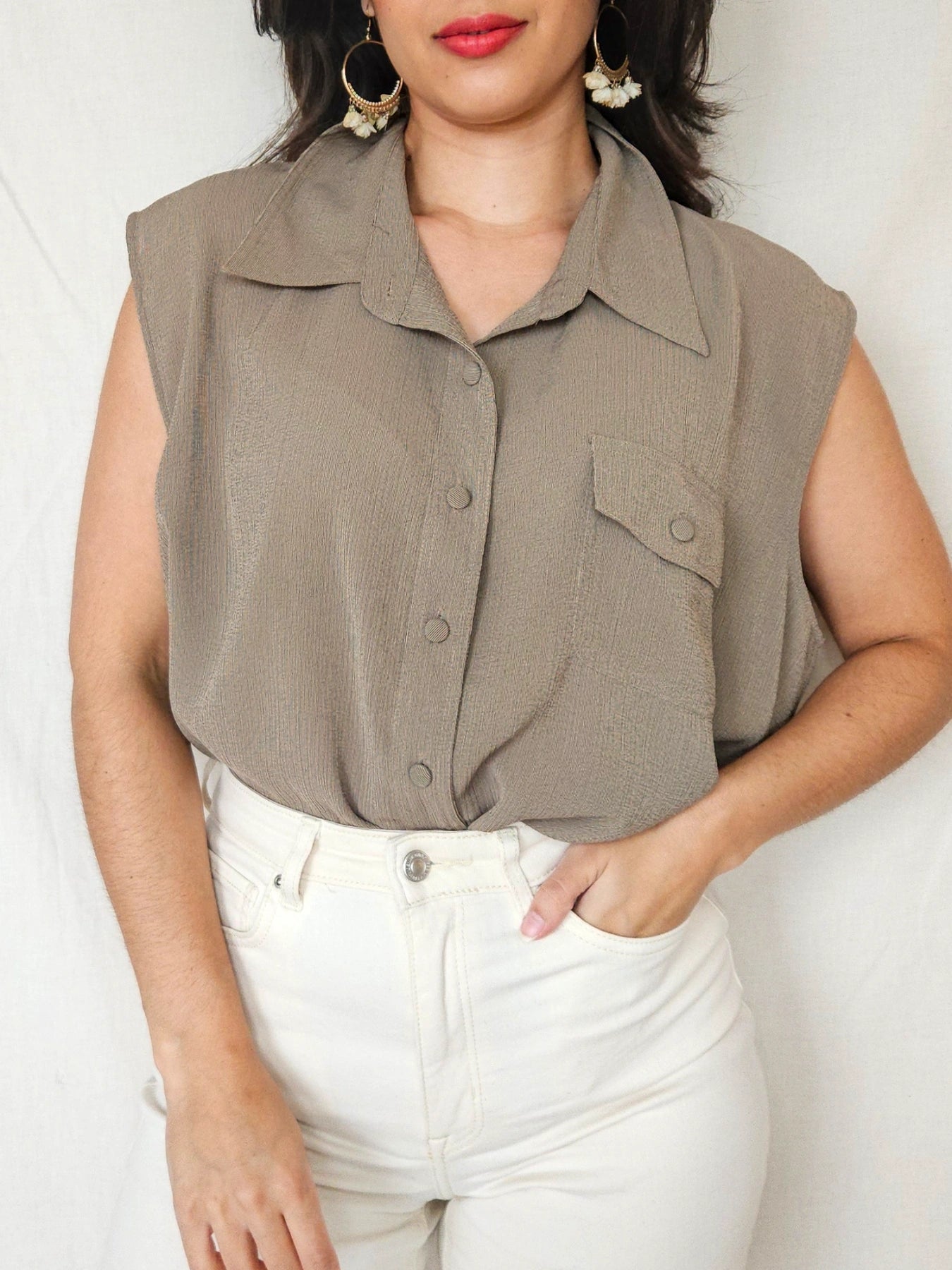 Feline - taupe vintage top, zijde | 6XL