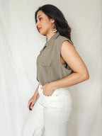 Feline - taupe vintage top, zijde | 6XL