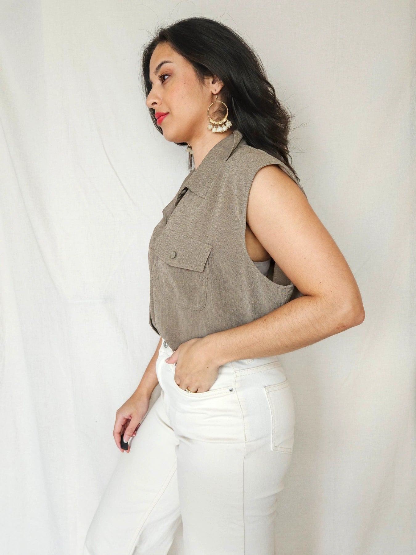 Feline - taupe vintage top, zijde | 6XL