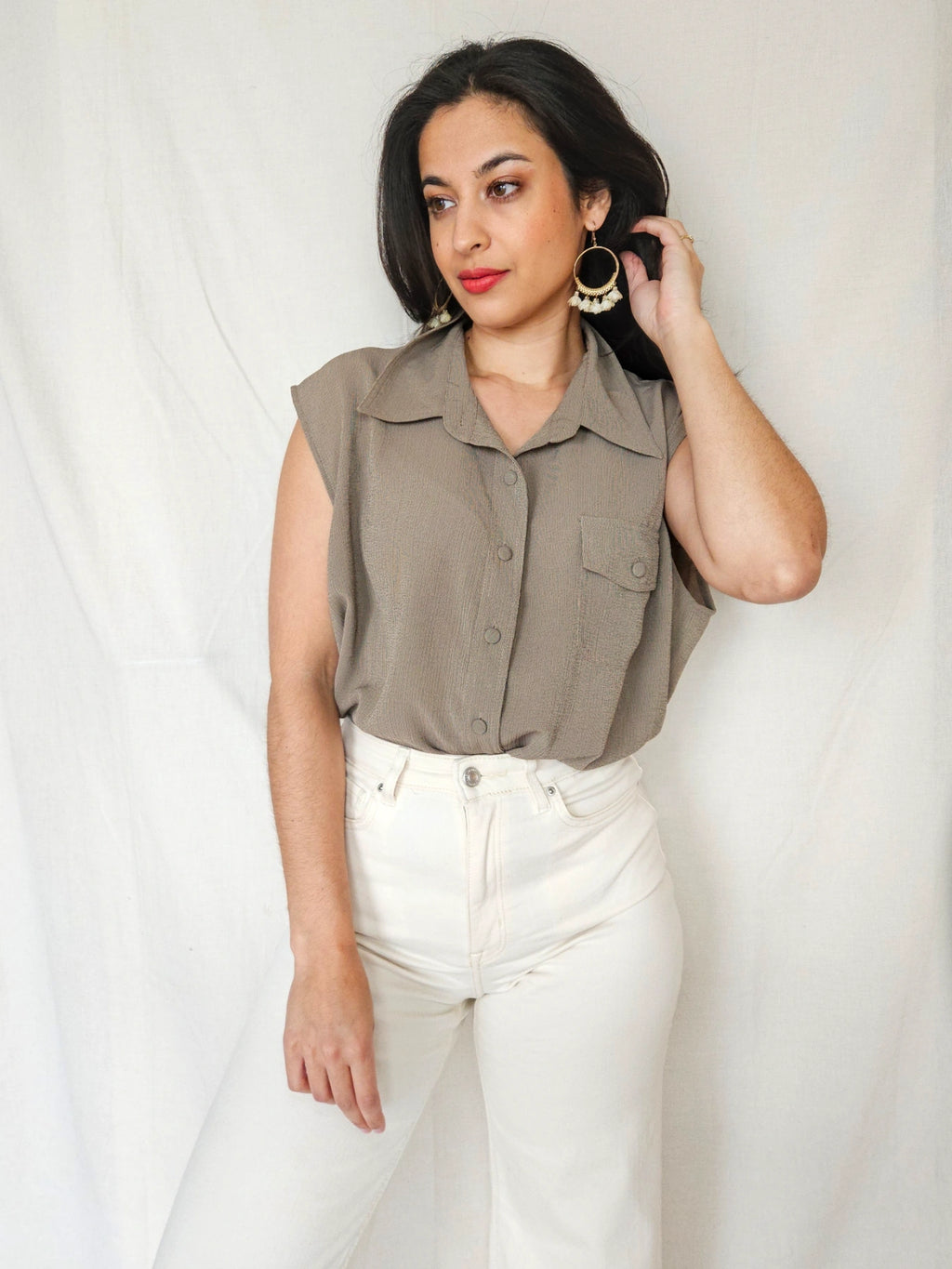 Feline - taupe vintage top, zijde | 6XL