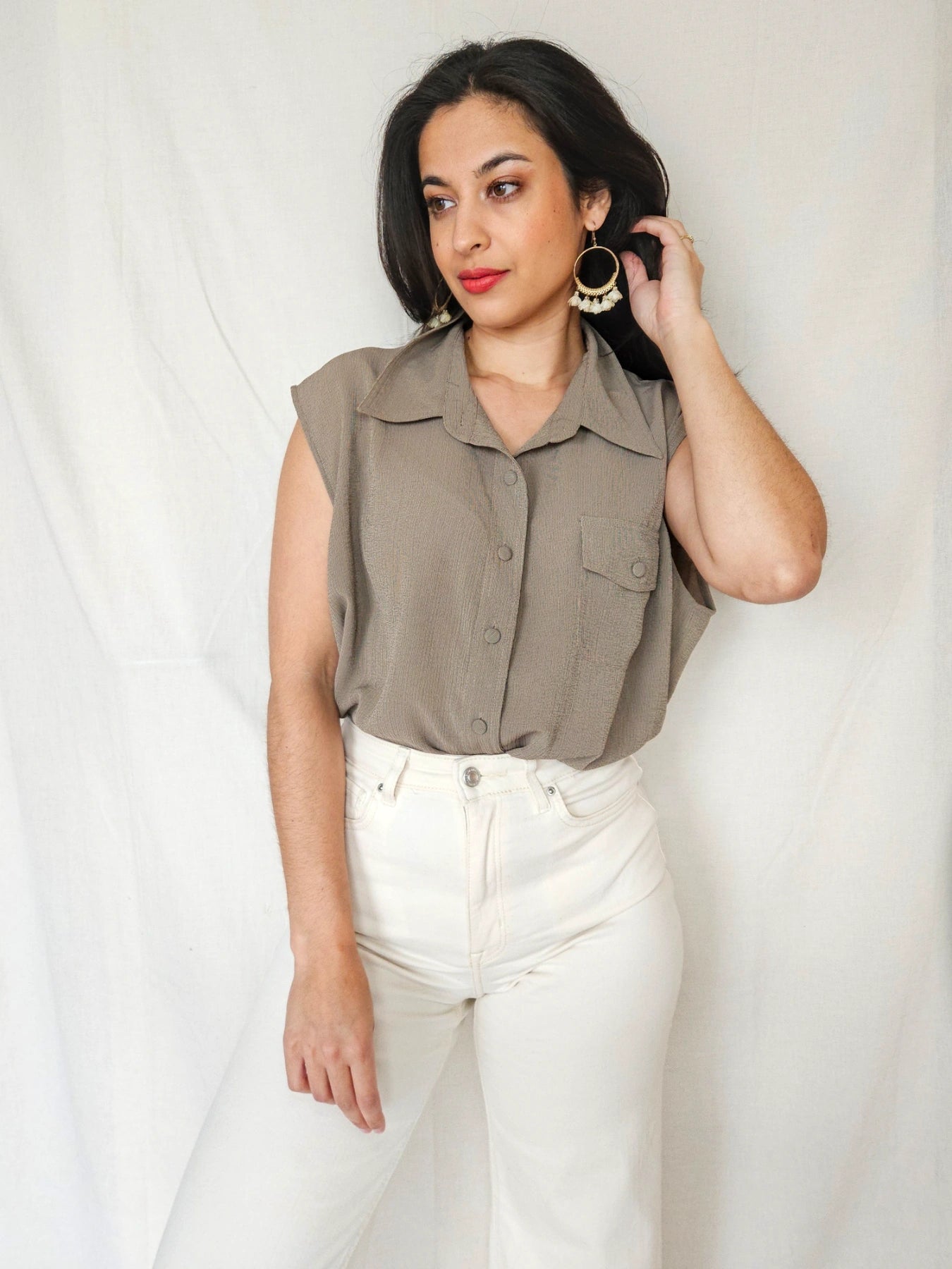 Feline - taupe vintage top, zijde | 6XL