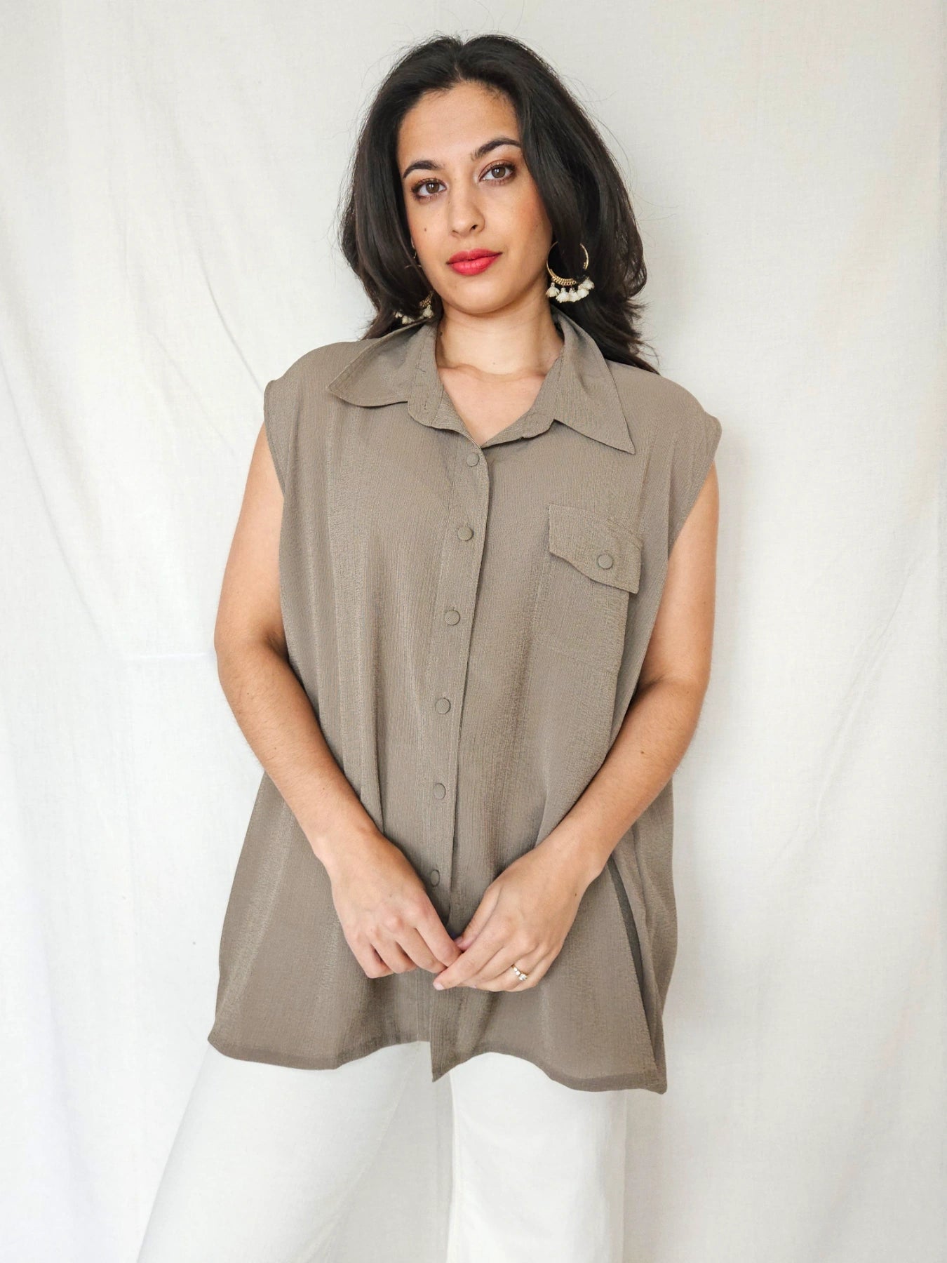 Feline - taupe vintage top, zijde | 6XL