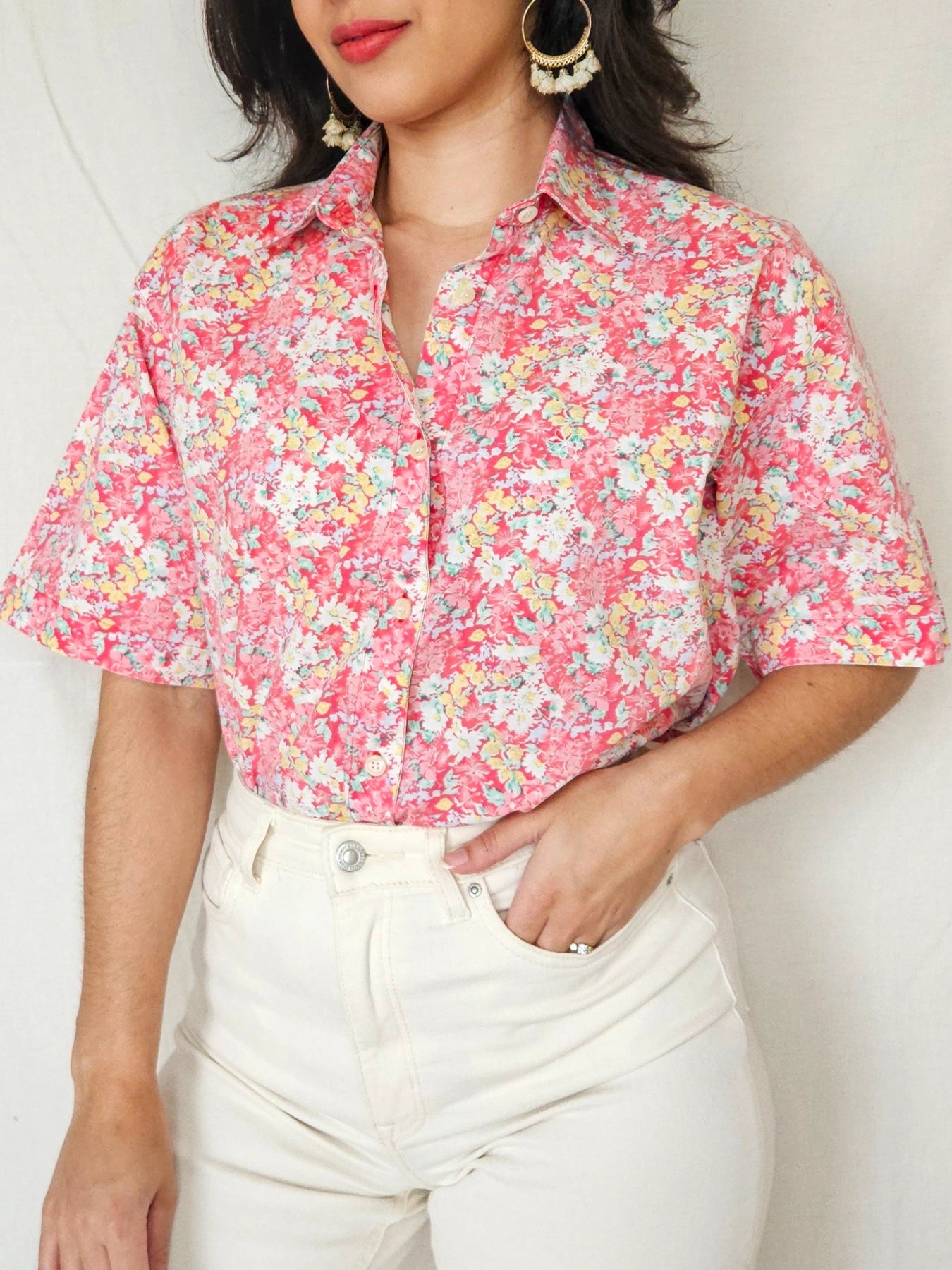 Ione - vintage blouse met korte mouw, katoenmix | XXL