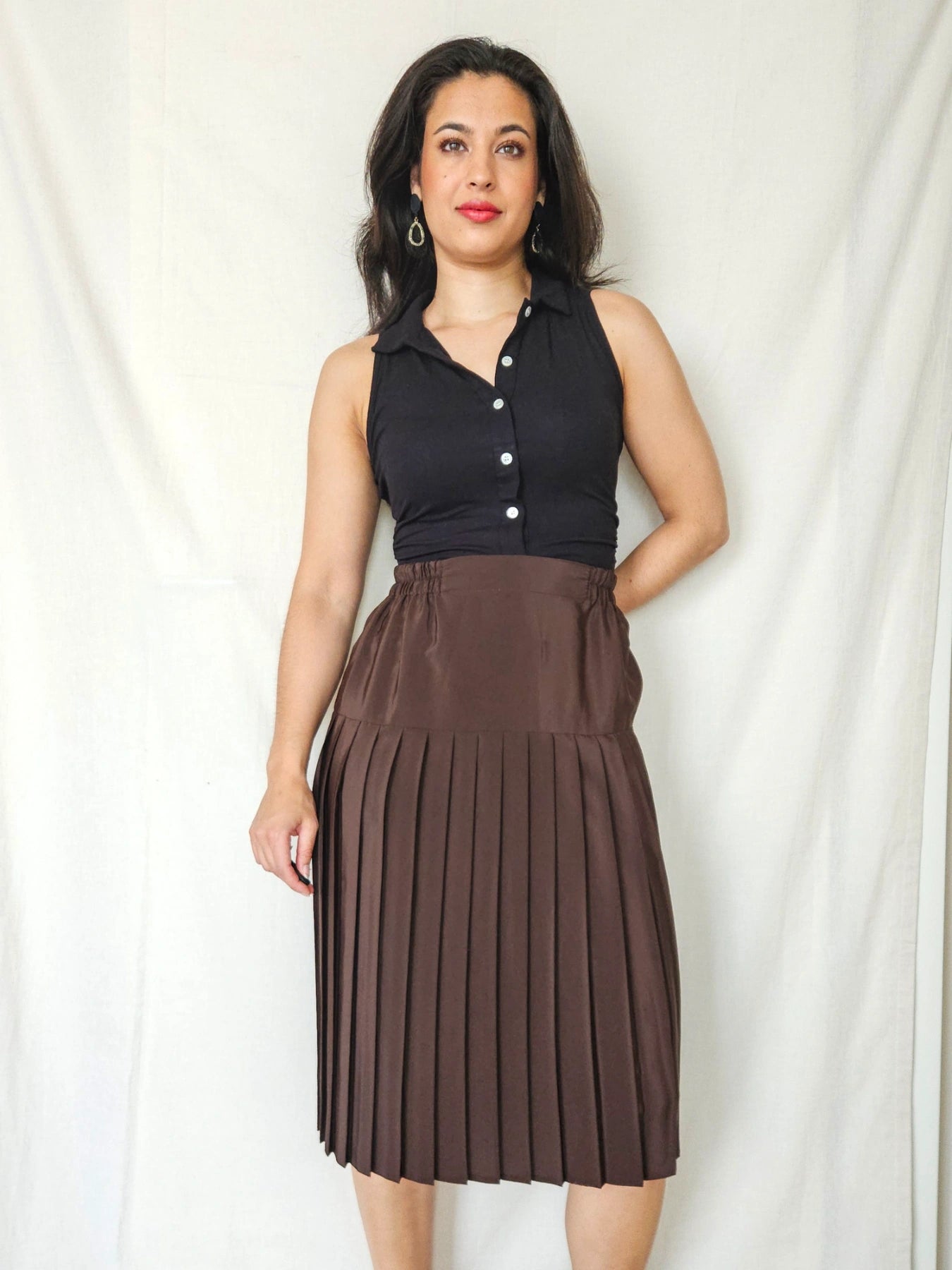 Nuria - bruine vintage plooirok met zijde | L/XL