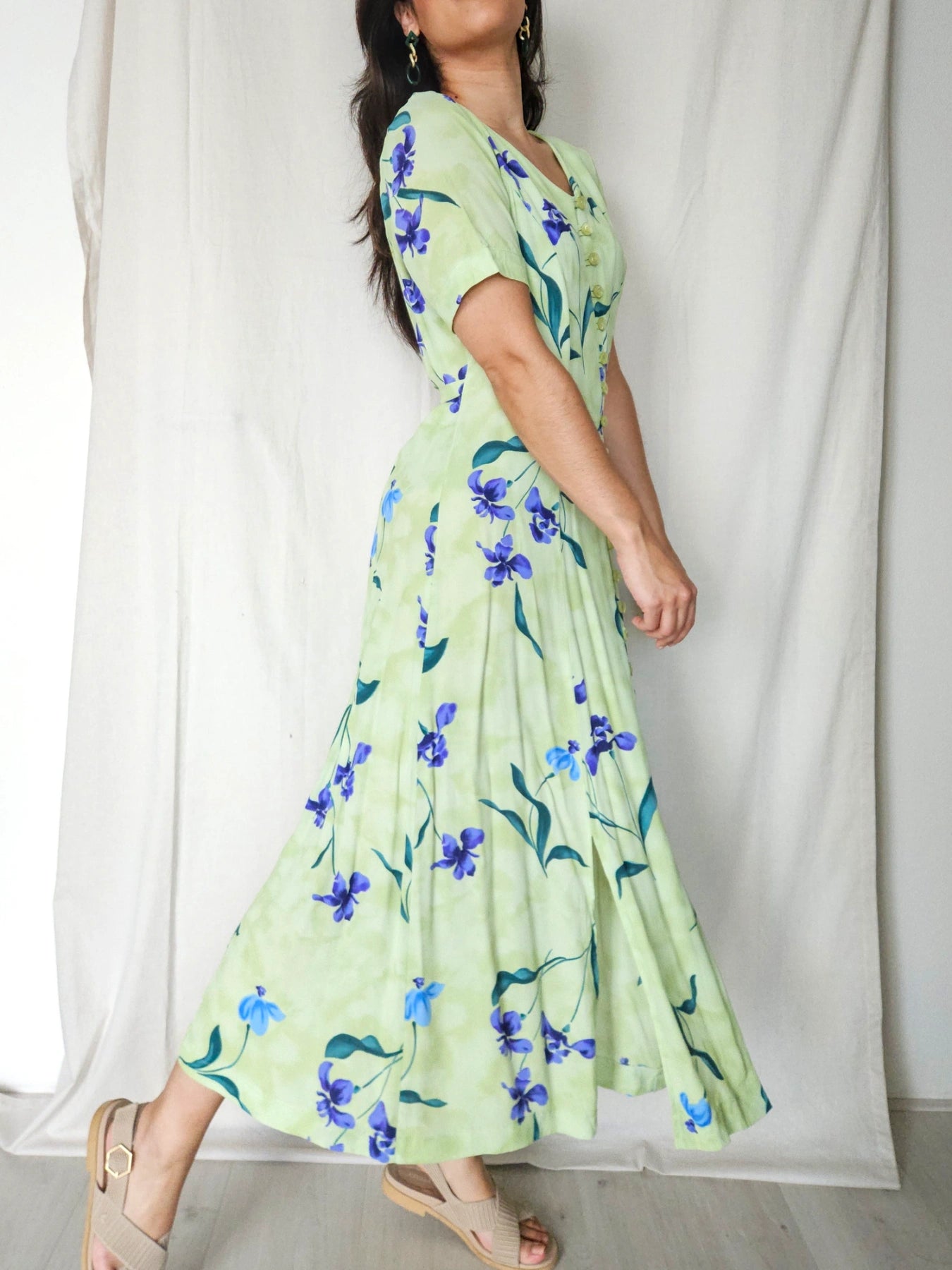 Fiona - lichtgroene vintage jurk met bloemen | M