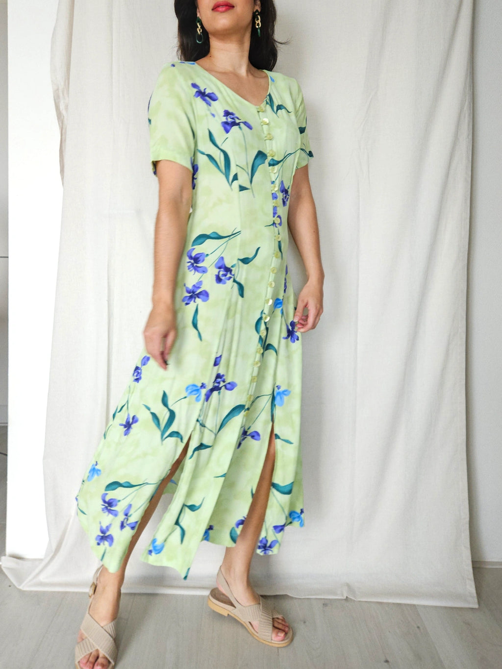 Fiona - lichtgroene vintage jurk met bloemen | M