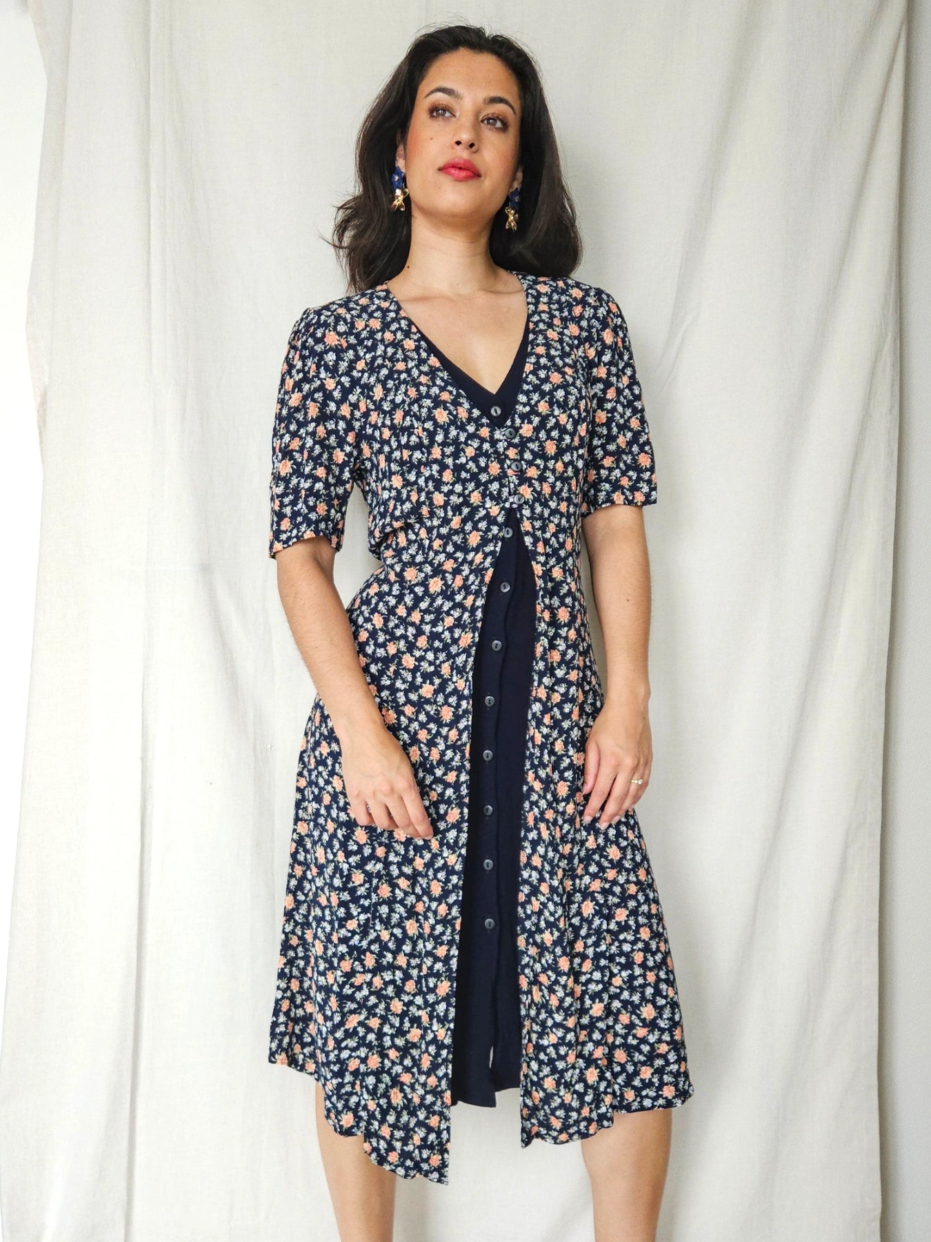 Calista - donkerblauwe vintage jurk | M