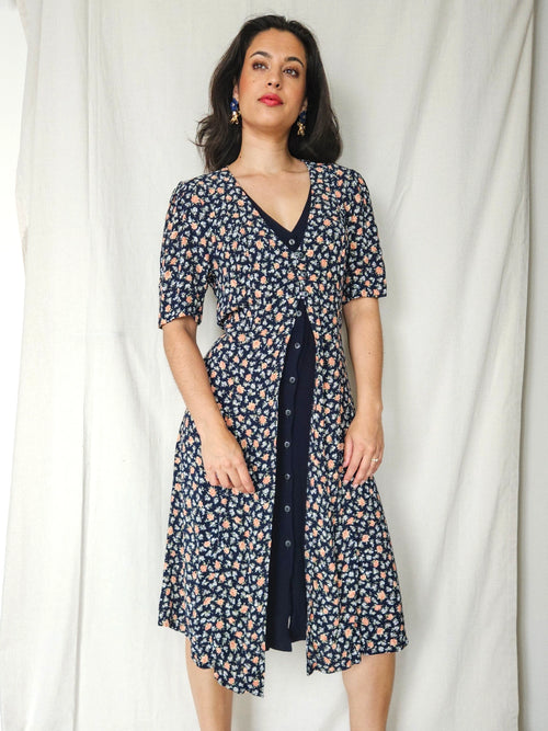 Calista - donkerblauwe vintage jurk | M