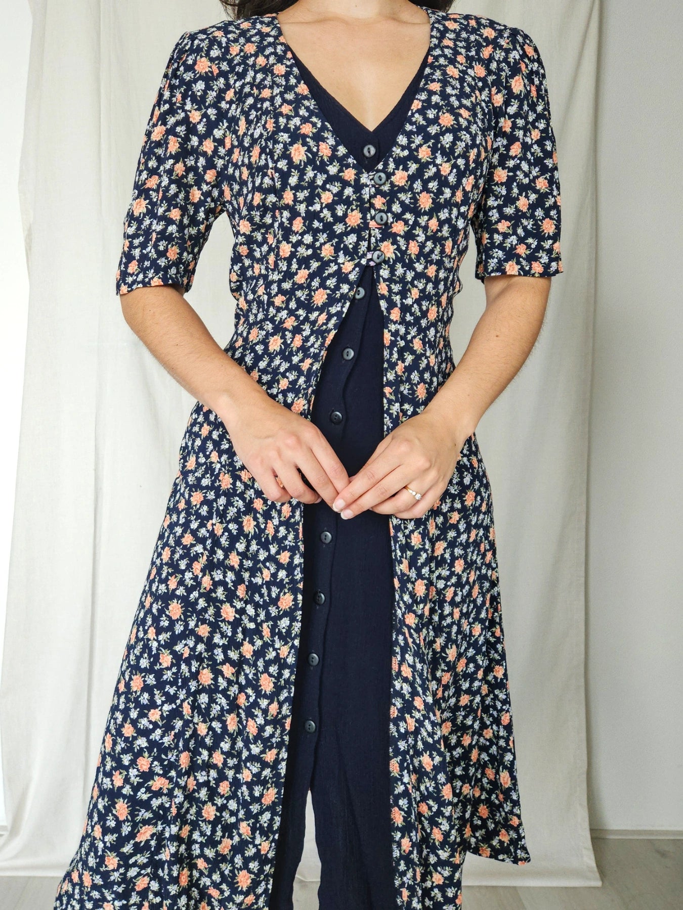 Calista - donkerblauwe vintage jurk | M