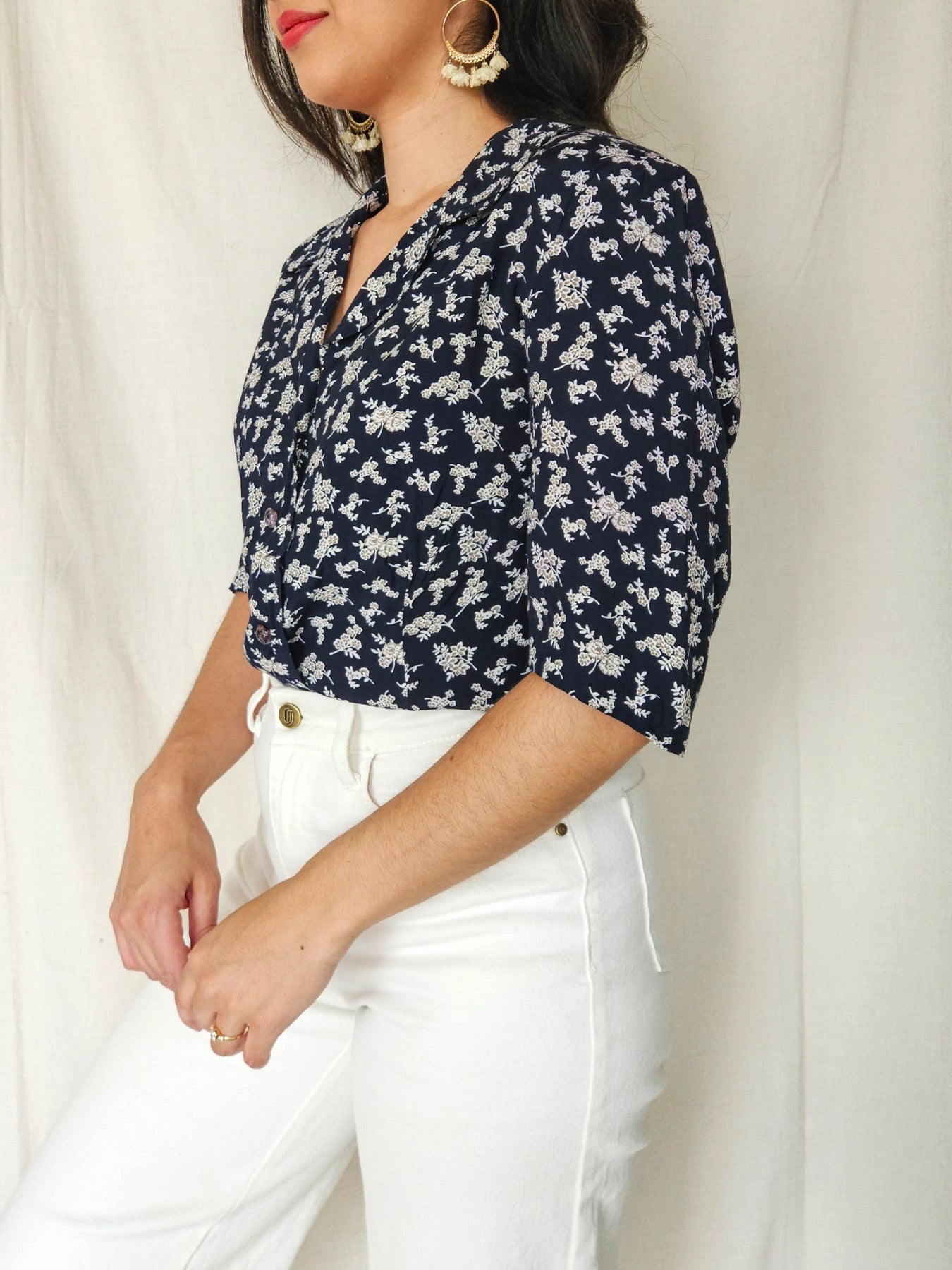 Thalia - donkerblauwe blouse met korte mouw | M