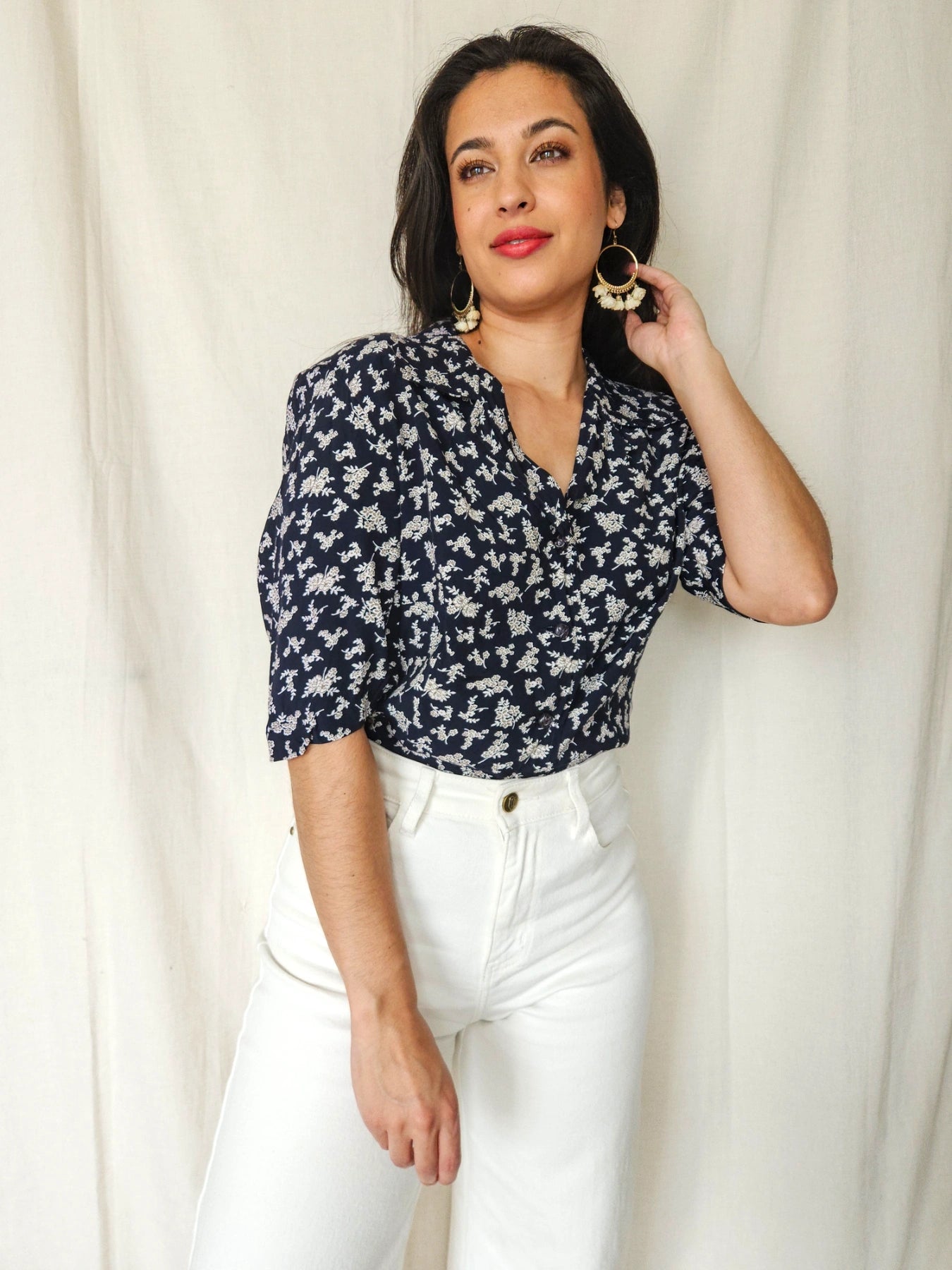 Thalia - donkerblauwe blouse met korte mouw | M
