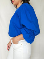 Dione - blauwe vintage blouse met pofmouwen | XL