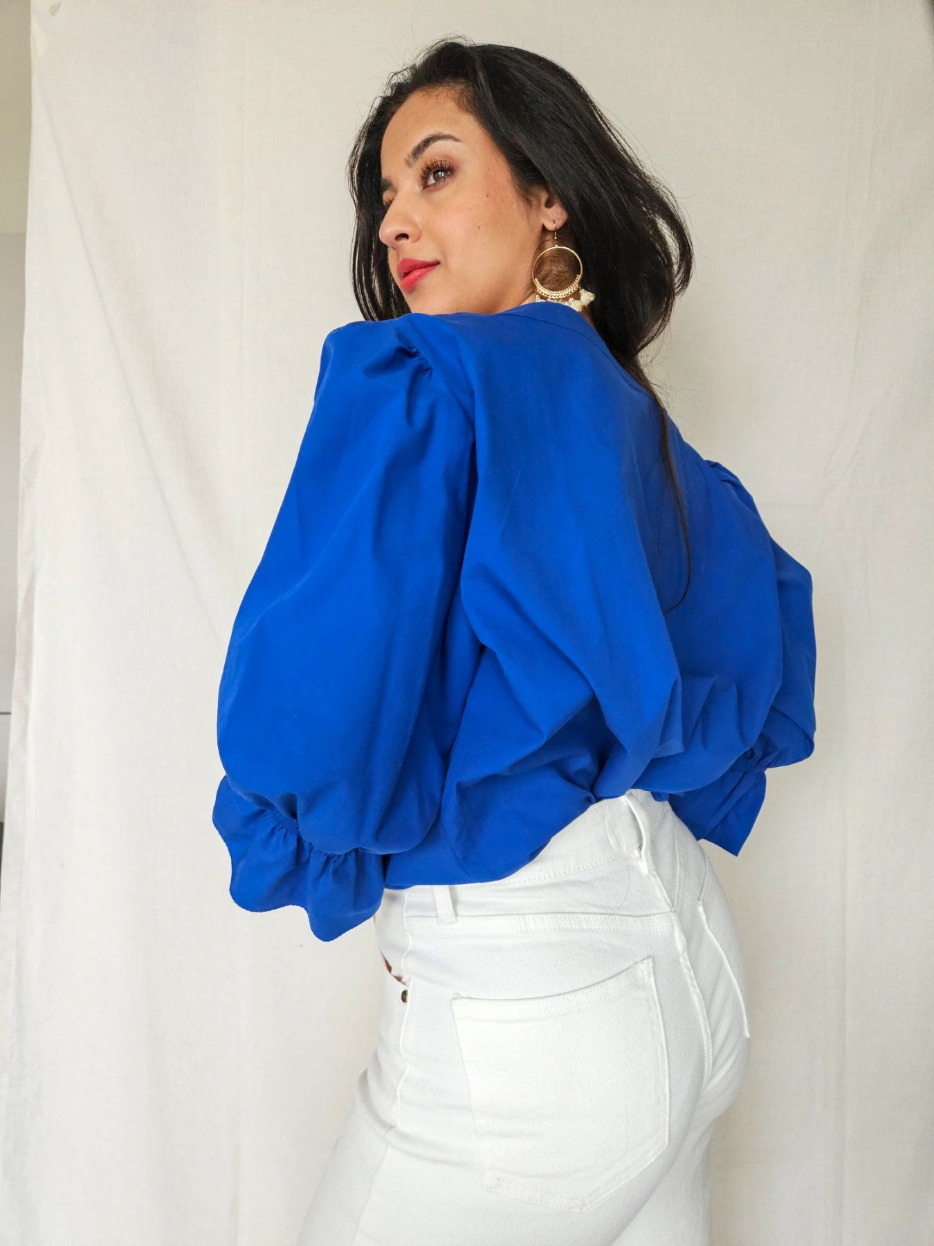 Dione - blauwe vintage blouse met pofmouwen | XL