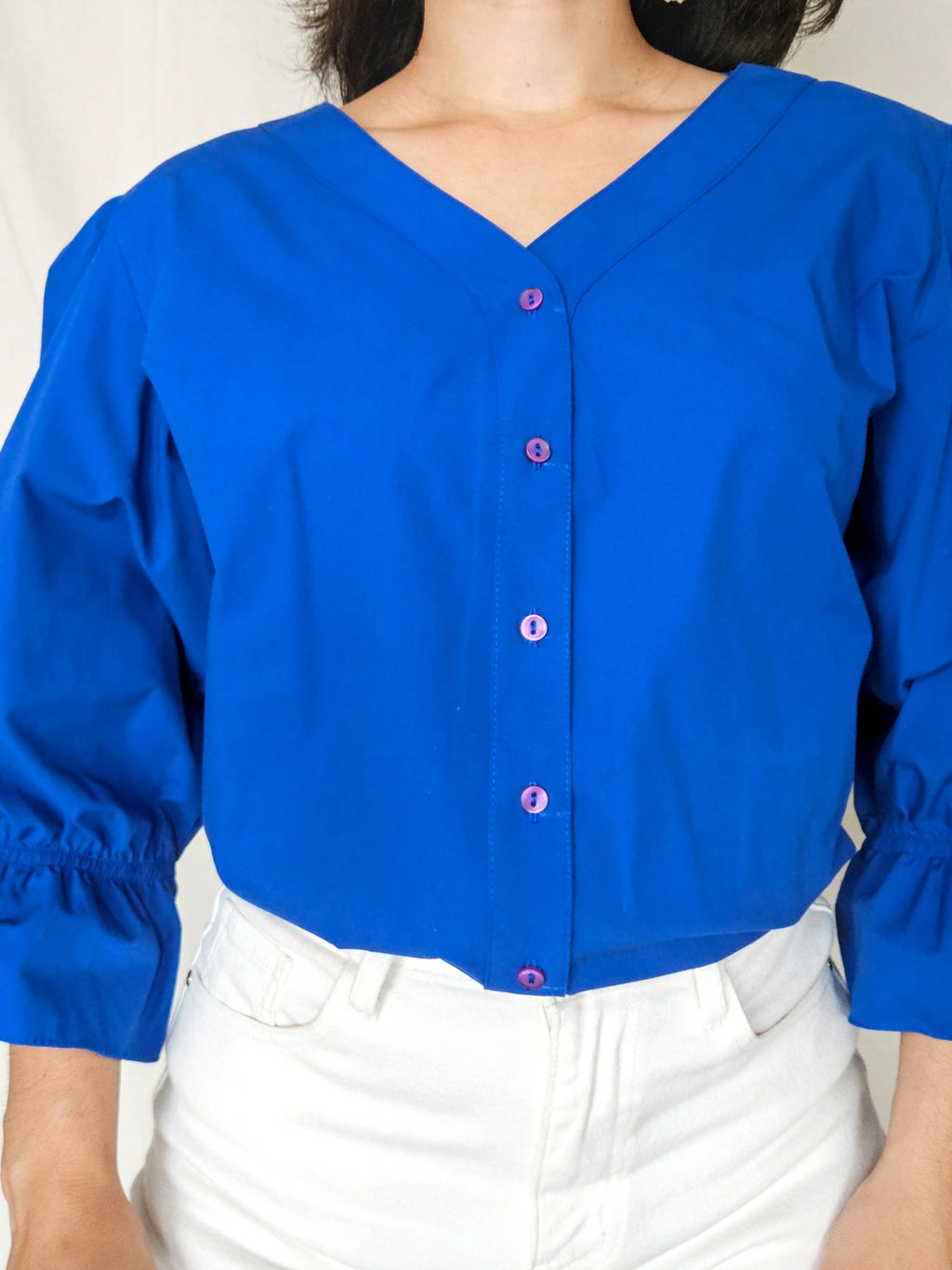 Dione - blauwe vintage blouse met pofmouwen | XL