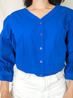 Dione - blauwe vintage blouse met pofmouwen | XL