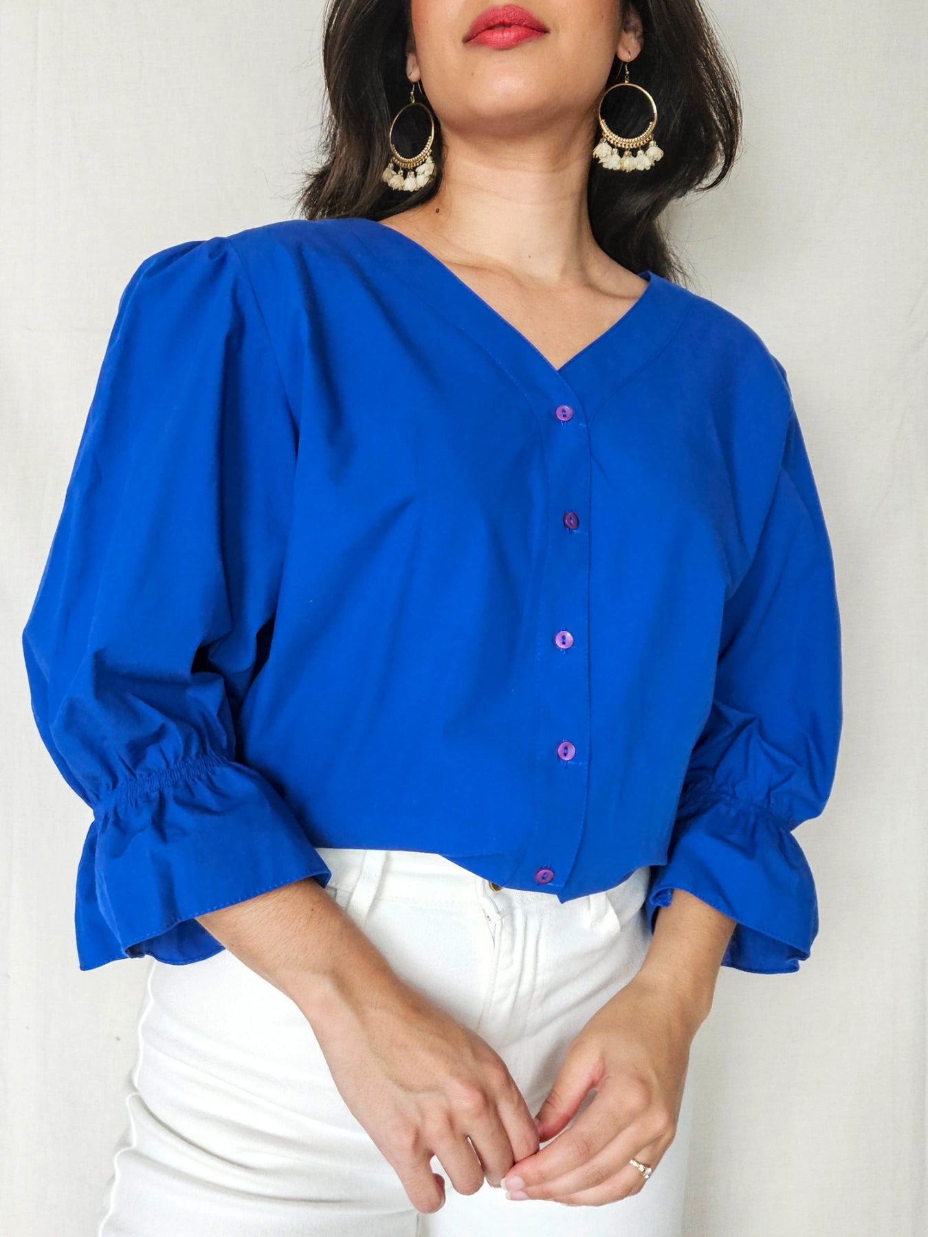 Dione - blauwe vintage blouse met pofmouwen | XL