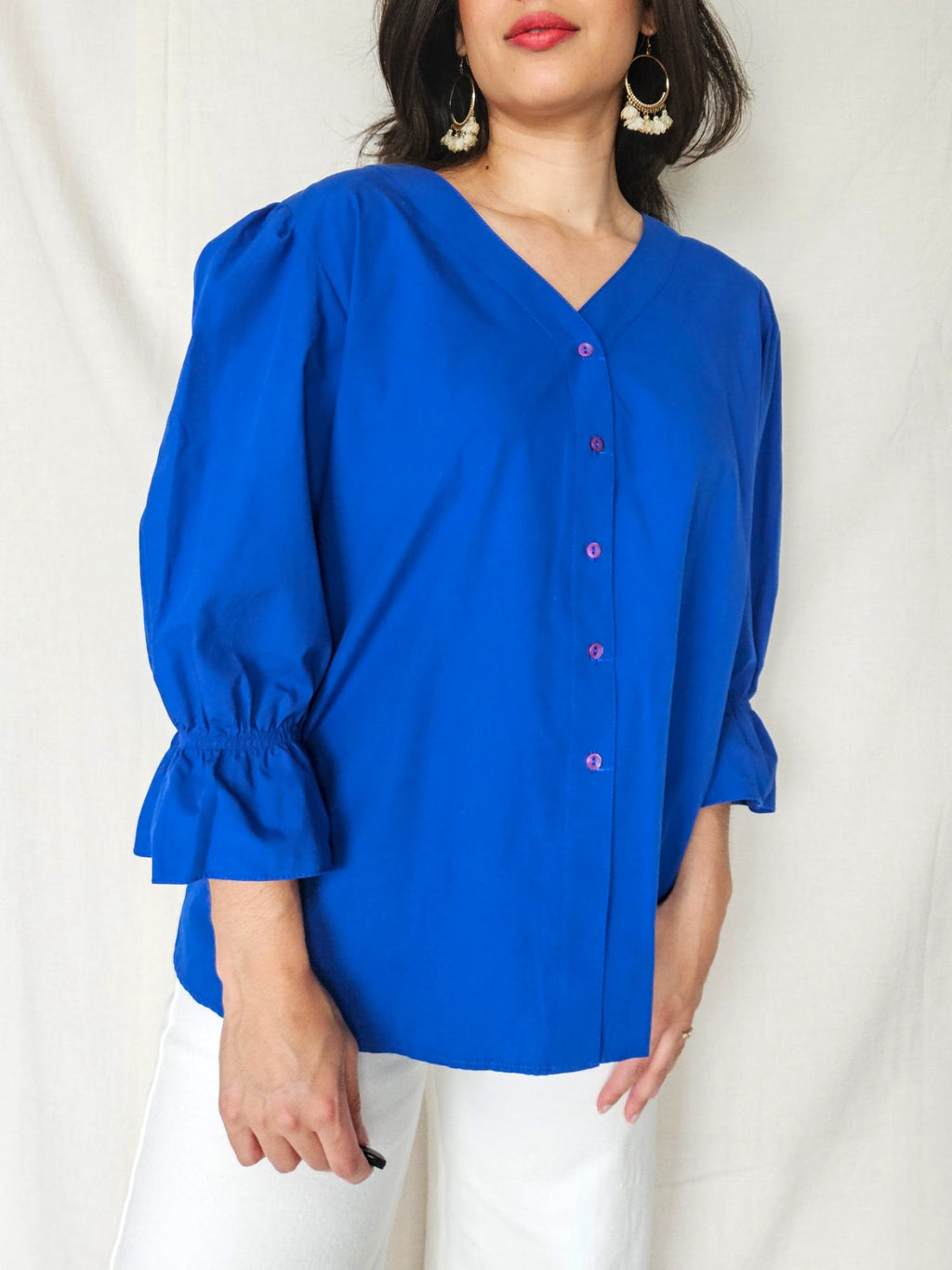 Dione - blauwe vintage blouse met pofmouwen | XL