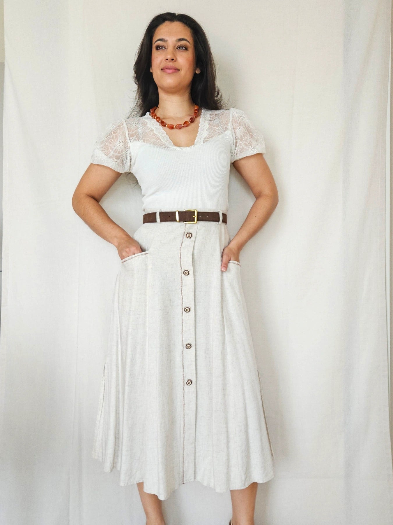 Renata - doorknoop vintage rok, linnen | XL