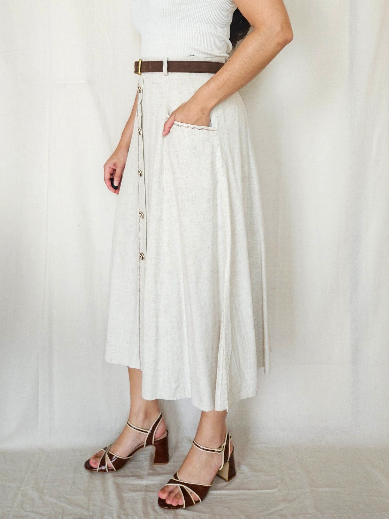 Renata - doorknoop vintage rok, linnen | XL