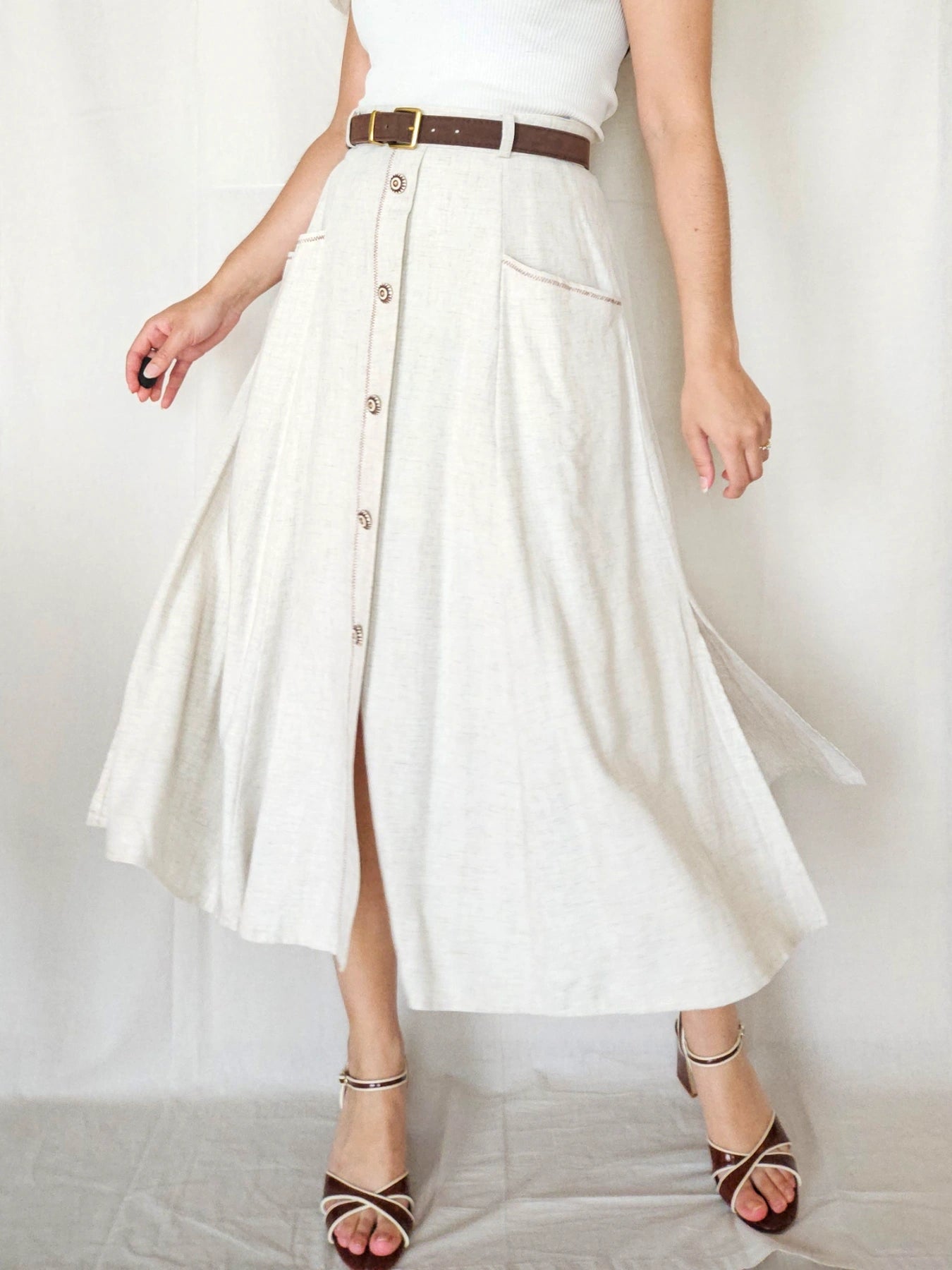 Renata - doorknoop vintage rok, linnen | XL