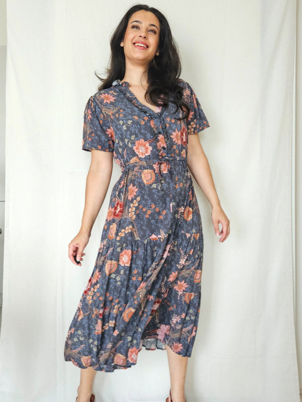Rose - lange vintage jurk met bloemenprint | L