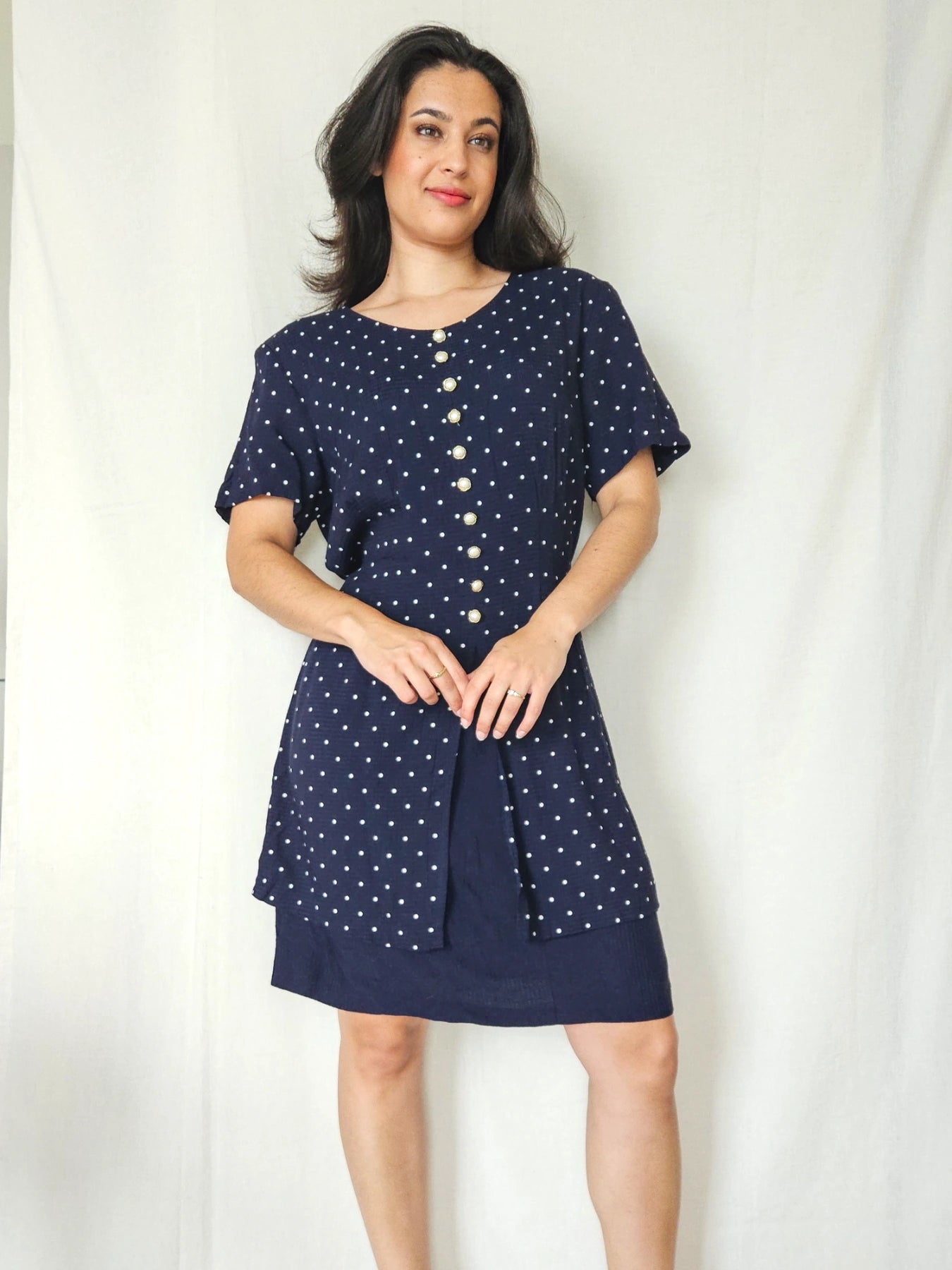 Sara - donkerblauwe vintage jurk met stippen | XXL