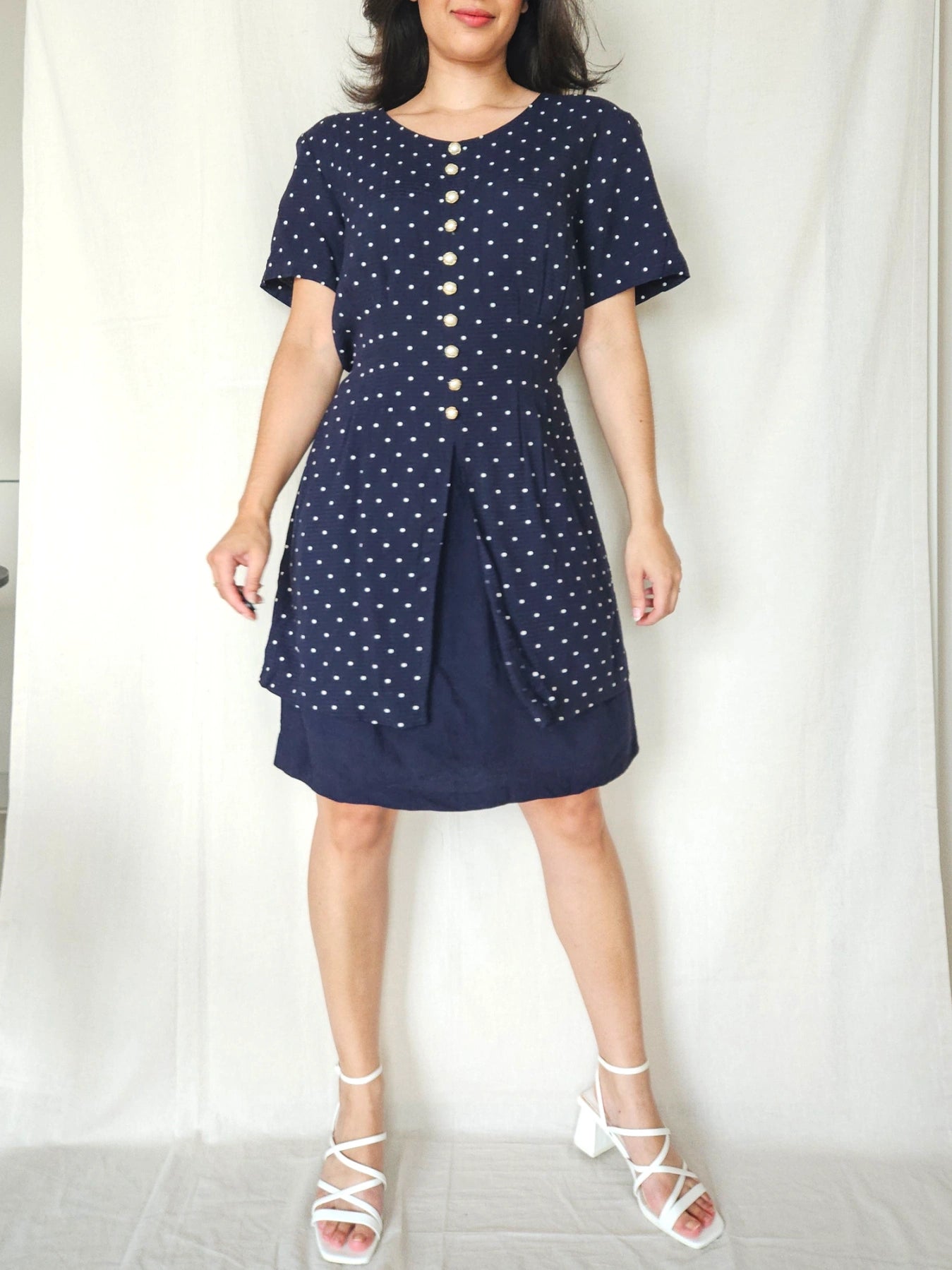 Sara - donkerblauwe vintage jurk met stippen | XXL