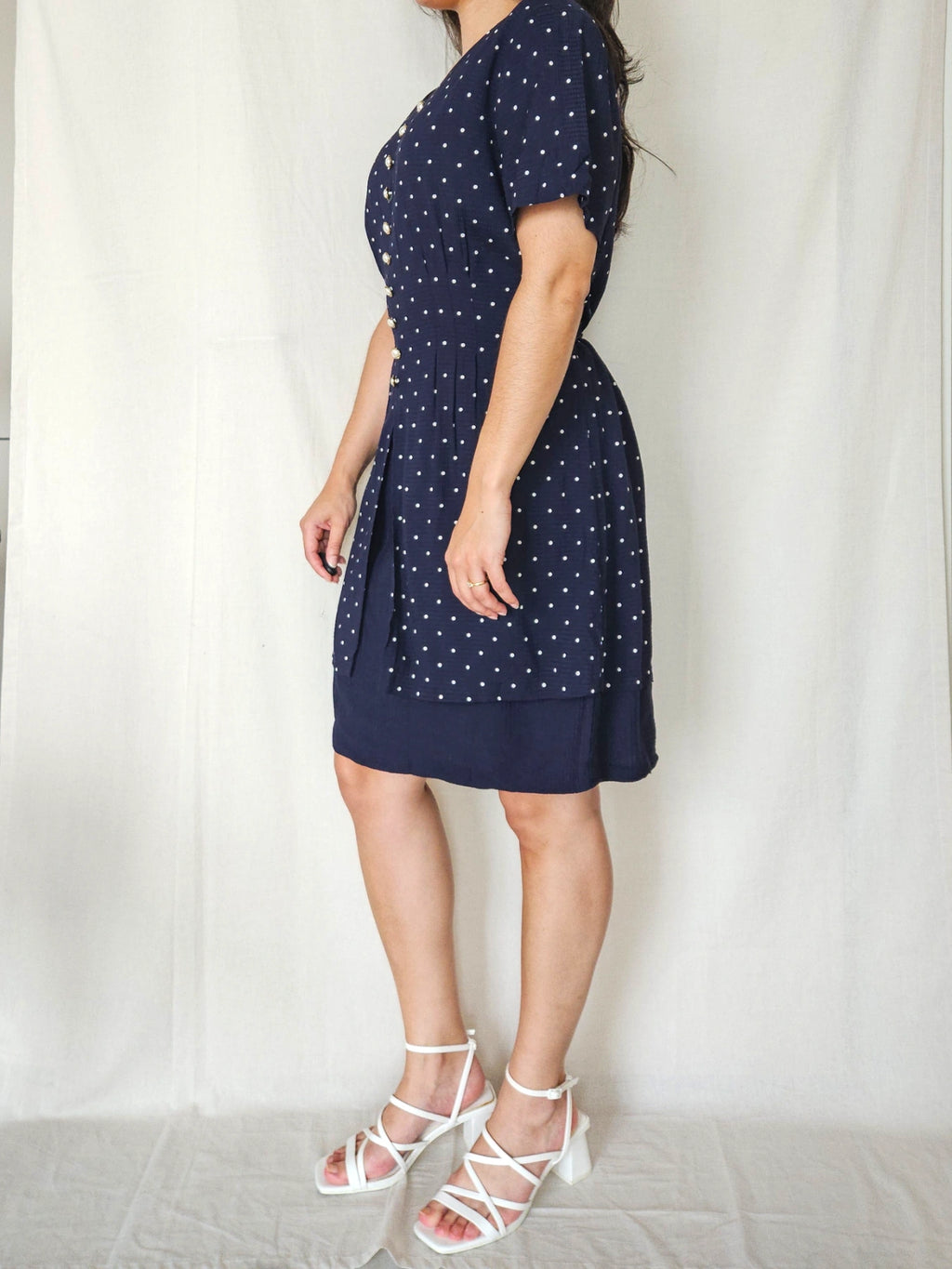 Sara - donkerblauwe vintage jurk met stippen | XXL