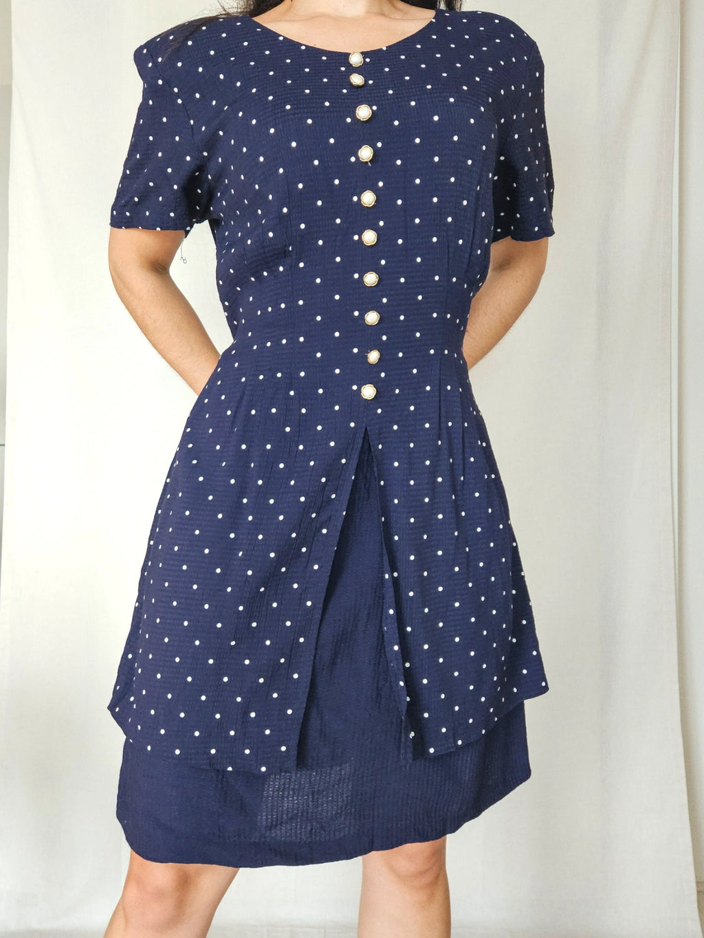 Sara - donkerblauwe vintage jurk met stippen | XXL