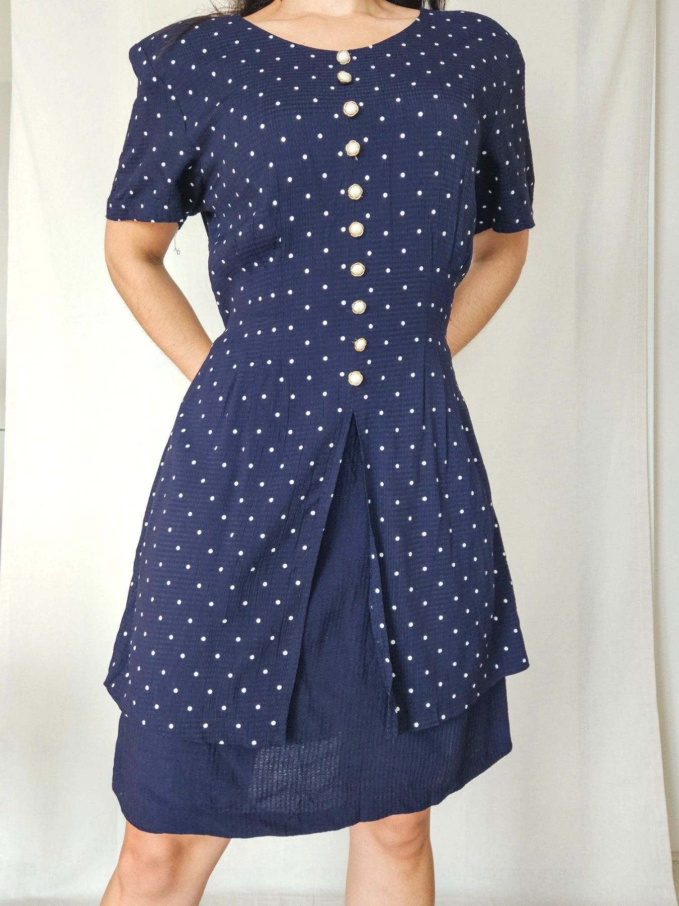 Sara - donkerblauwe vintage jurk met stippen | XXL