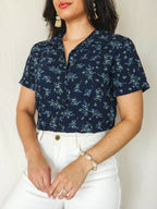 Salome - donkerblauwe vintage blouse met korte mouw | M