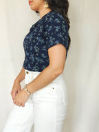Salome - donkerblauwe vintage blouse met korte mouw | M