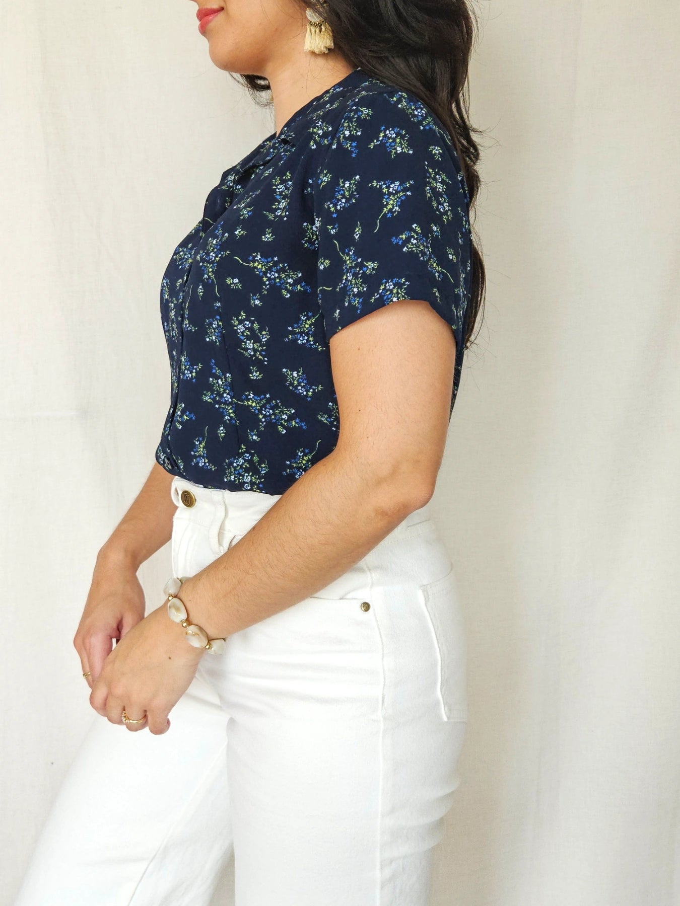 Salome - donkerblauwe vintage blouse met korte mouw | M