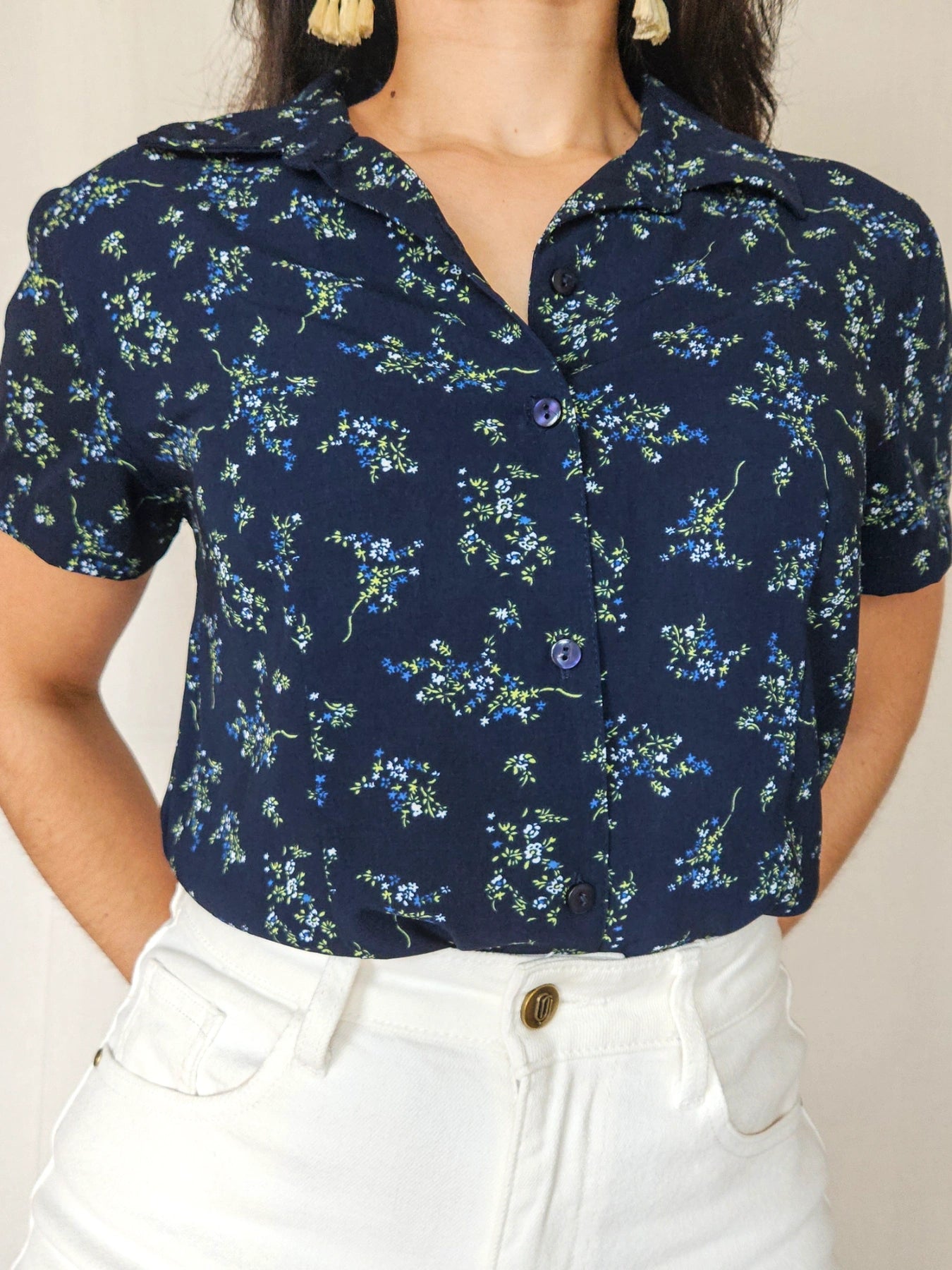 Salome - donkerblauwe vintage blouse met korte mouw | M