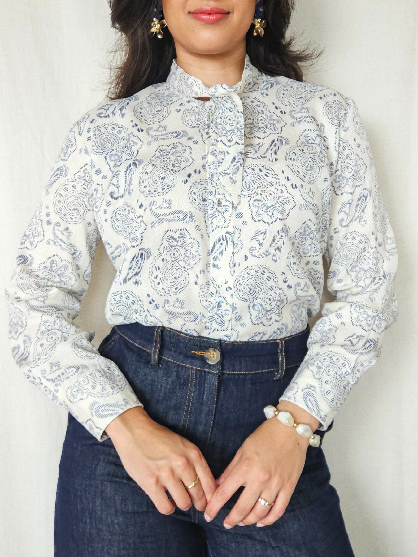 Vega - witte vintage blouse met strik | S