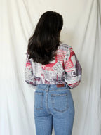 Vintage blouse with gray and red print | L